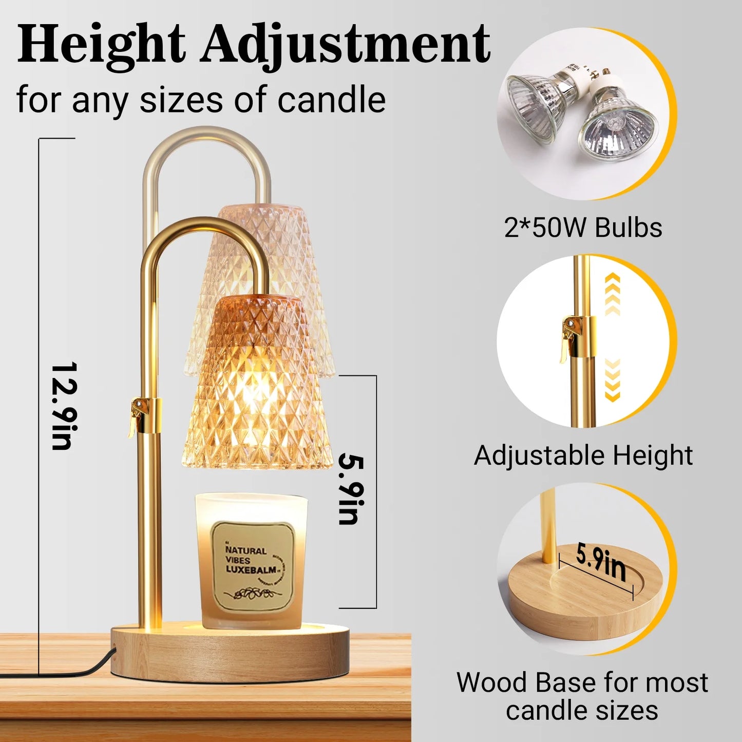 Dimmable Candle Warmer Lamp with Timer - Adjustable Height Wax Melter for Cozy Ambiance (Includes 2 x 50W GU10 Bulbs)