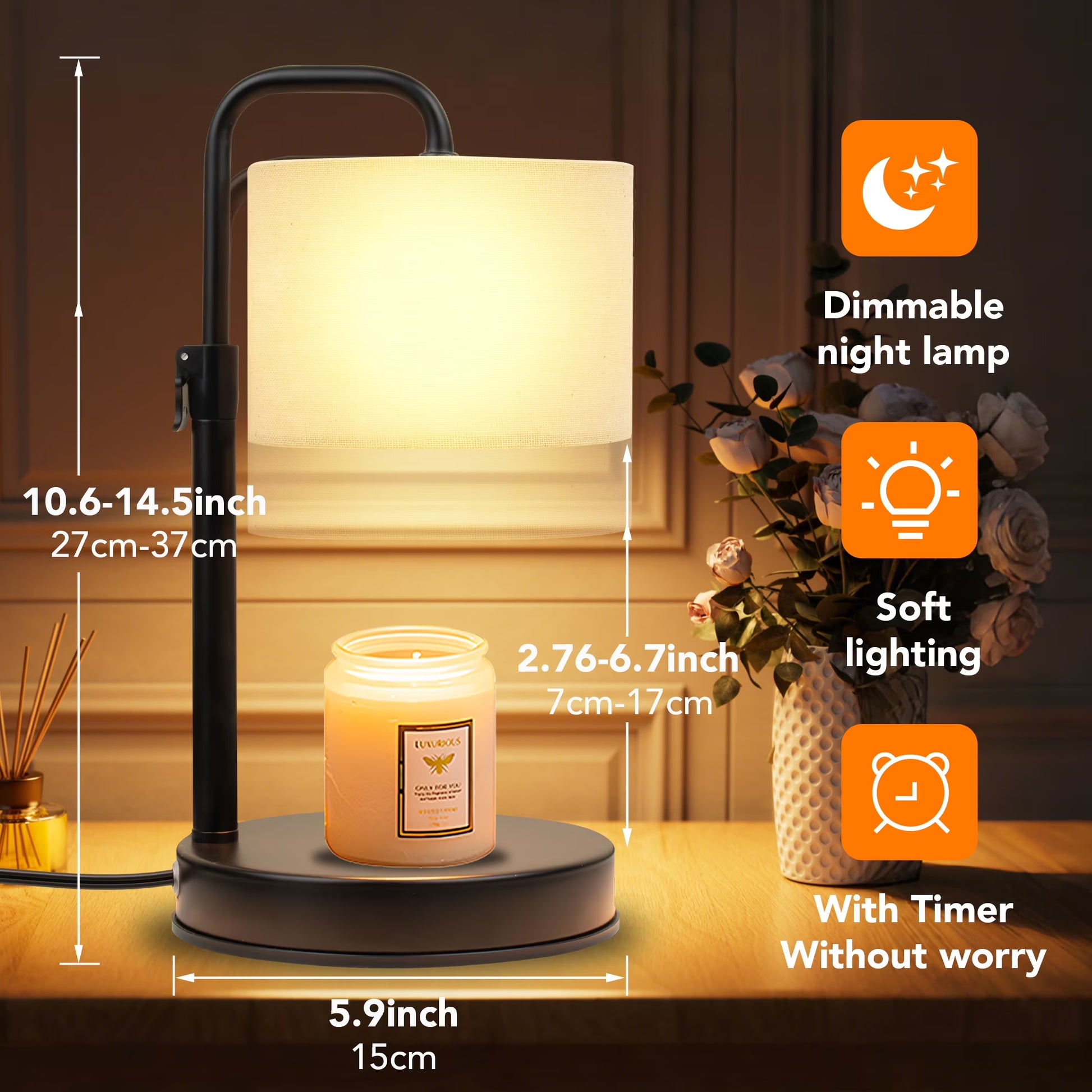 Transform Your Space with a Dimmable Candle Warmer Lamp - Timer & Adjustable Height, Includes 2 Bulbs - Ideal Housewarming Gift for Mom & Friends!