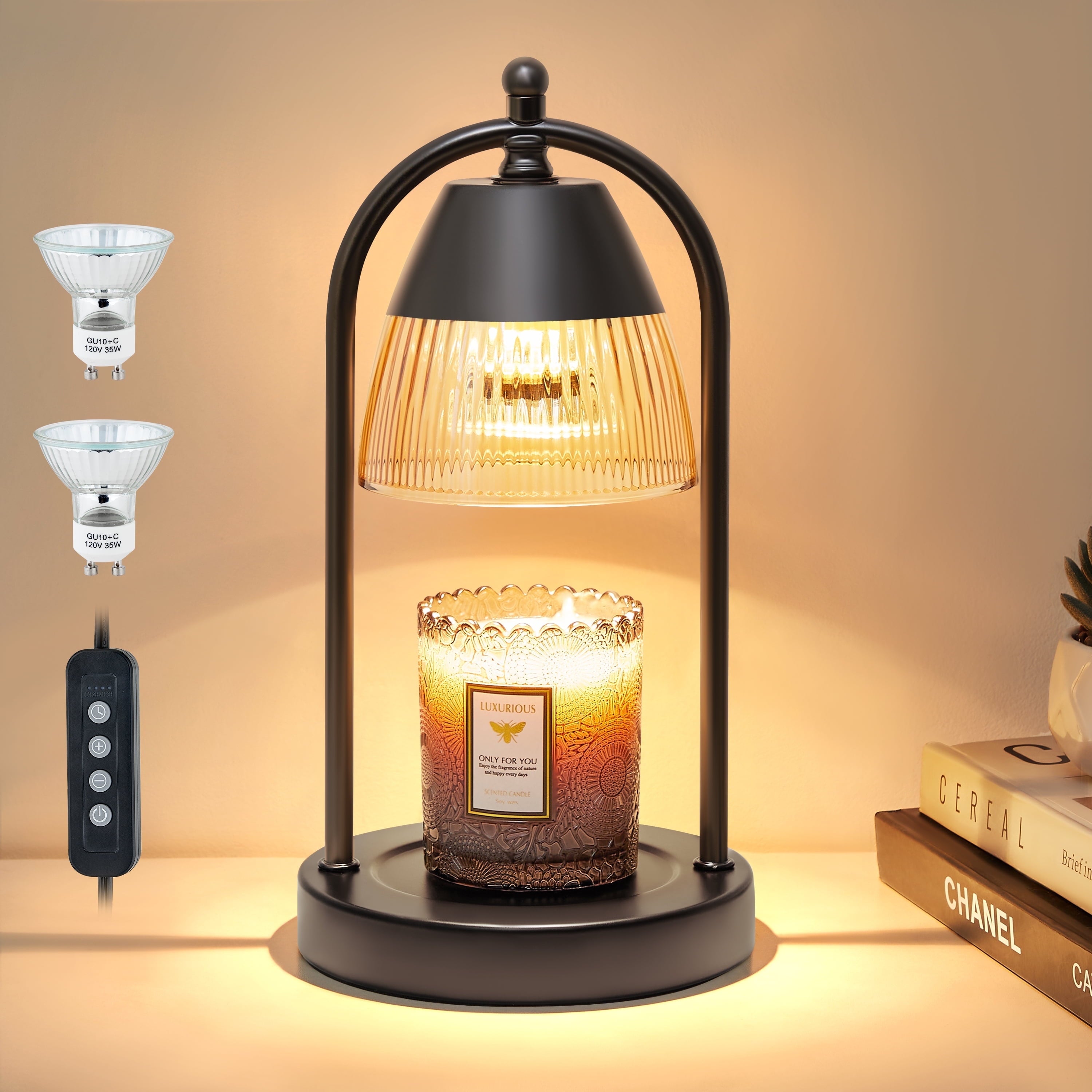 Chic Candle Warmer Lamp with Timer - 3-Level Dimmable Glass Shade for Scented Wax Melts - Stylish Black Home Decor for Women (Includes 2 Bulbs)