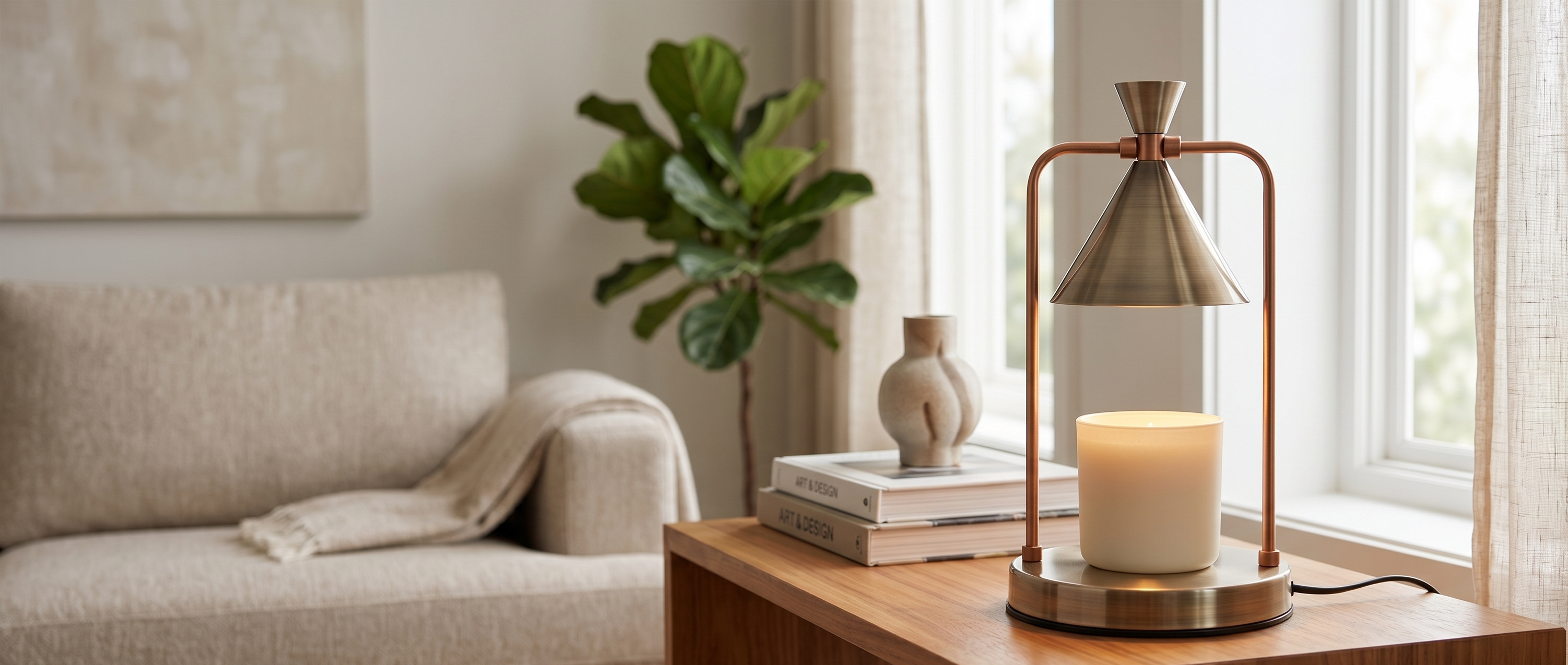 Modern living room with a lamp, candle, and plant on a wooden table.
